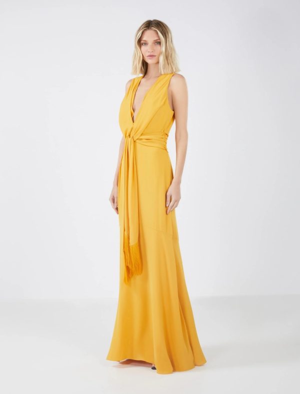 BCBG CHLOE TIE-FRONT FRINGE EVENING DRESS - GOLDEN GLOW