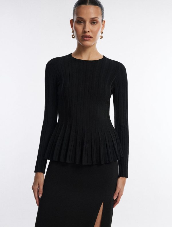 Bcbg Long Sleeve Rib Peplum Knit Top