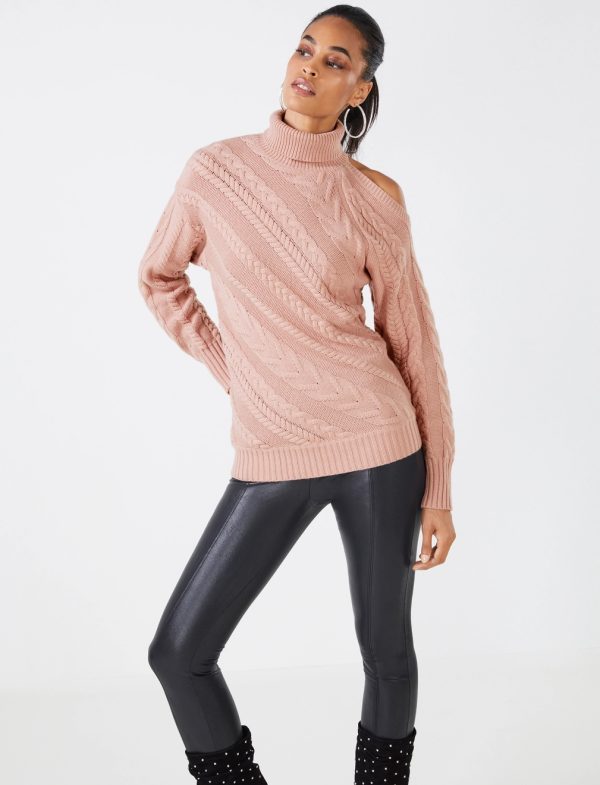 BCBG COLD SHOULDER CABLE KNIT SWEATER - MISTY ROSE