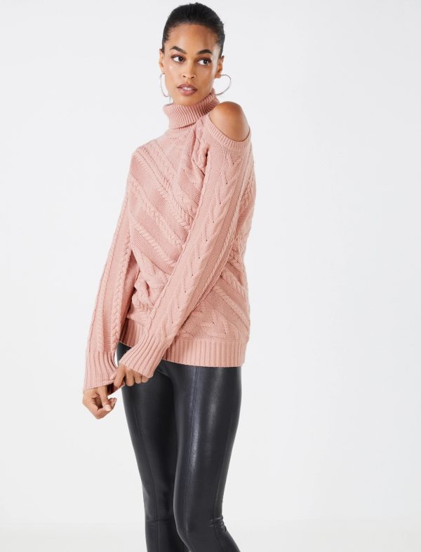 BCBG COLD SHOULDER CABLE KNIT SWEATER - MISTY ROSE - Image 2