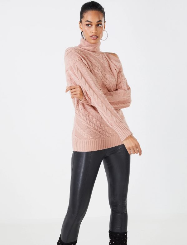 BCBG COLD SHOULDER CABLE KNIT SWEATER - MISTY ROSE - Image 3