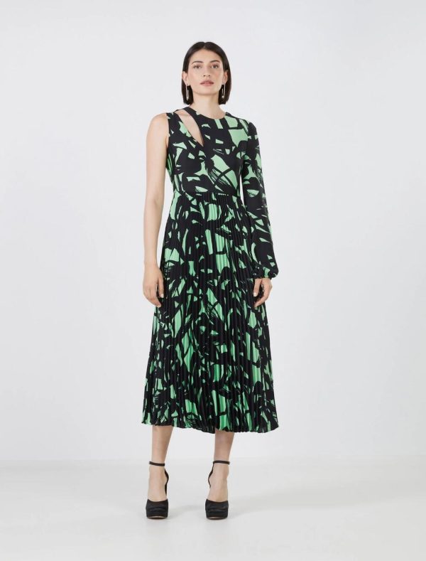 BCBG COSIMO ONE SLEEVE PLEATED DRESS - PEAPOD/ BLACK MULTI