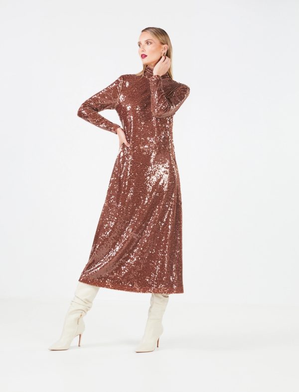 BCBG DONATELLA SEQUIN TURTLENECK DRESS - SEQUIN MIDI BROWN TOBACCO