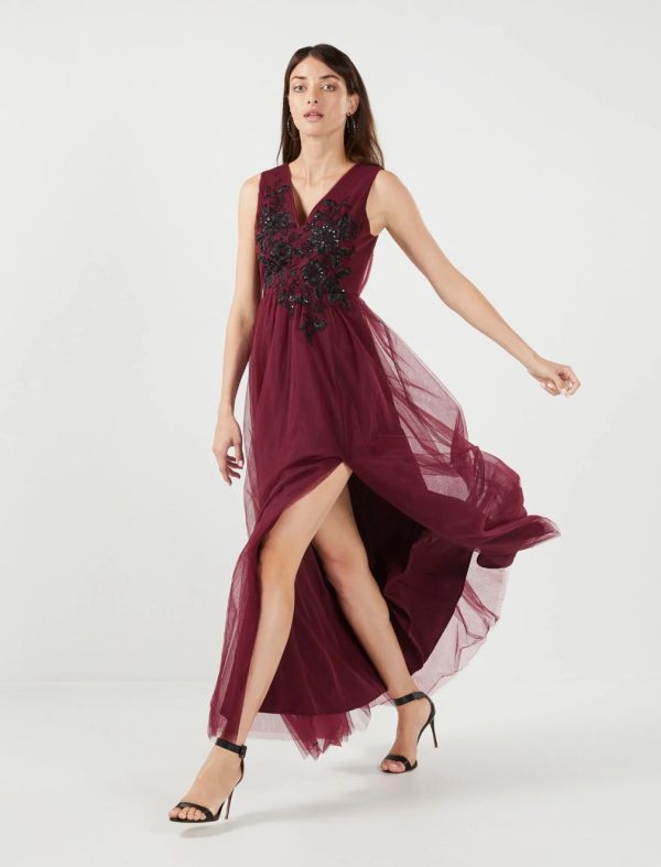 BCBG DONNA APPLIQUE EVENING DRESS - WINDSOR WINE