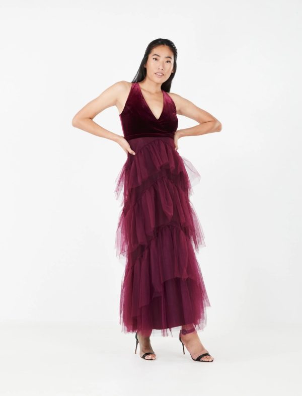 BCBG EDWIN RUFFLED EVENING GOWN - CABERNET