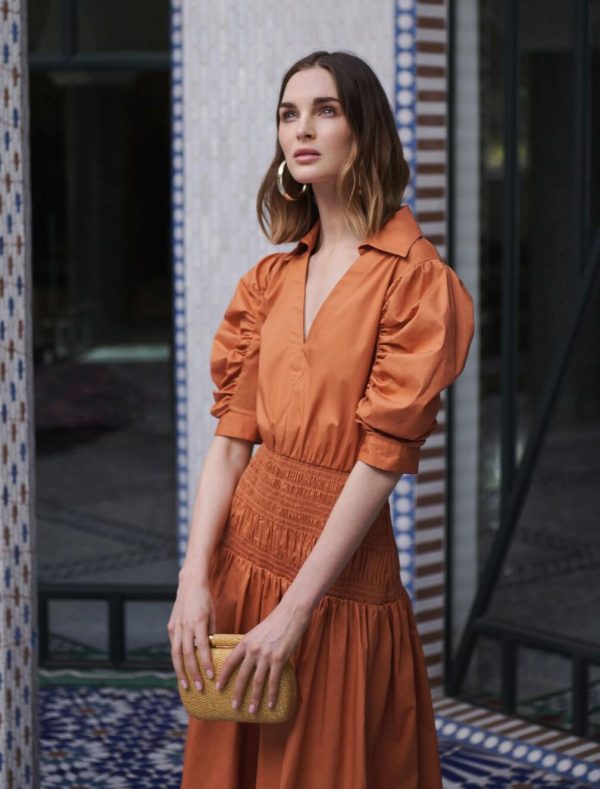 BCBG ELENY PUFF SLEEVE DAY DRESS - RAW SIENNA