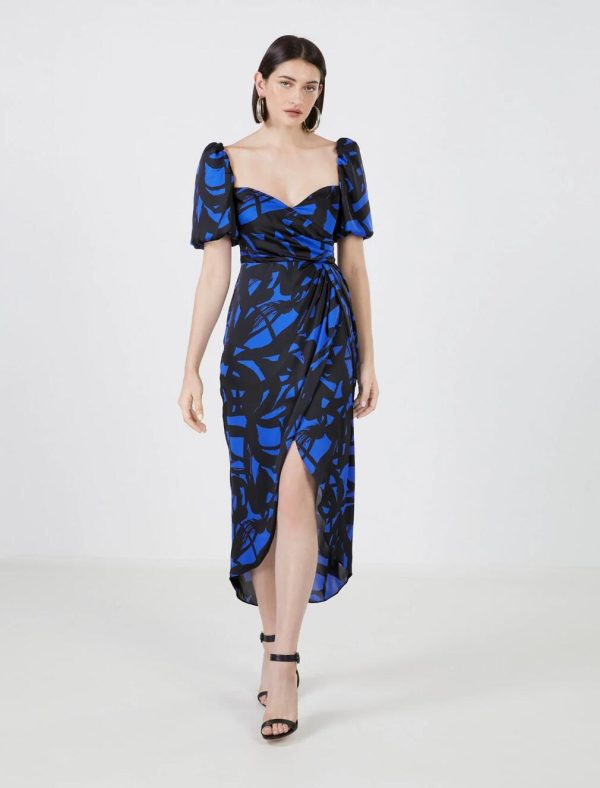 BCBG ELISEO PUFF SLEEVE DRESS - MAZARINE BLUE/BLACK MULTI