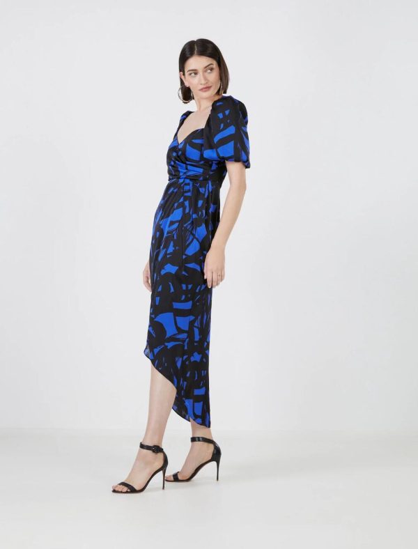 BCBG ELISEO PUFF SLEEVE DRESS - MAZARINE BLUE/BLACK MULTI - Image 3