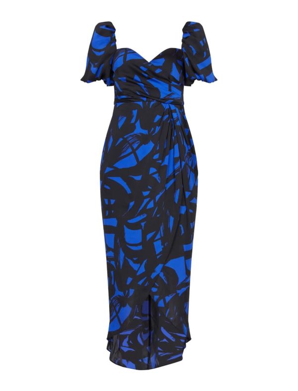 BCBG ELISEO PUFF SLEEVE DRESS - MAZARINE BLUE/BLACK MULTI - Image 6