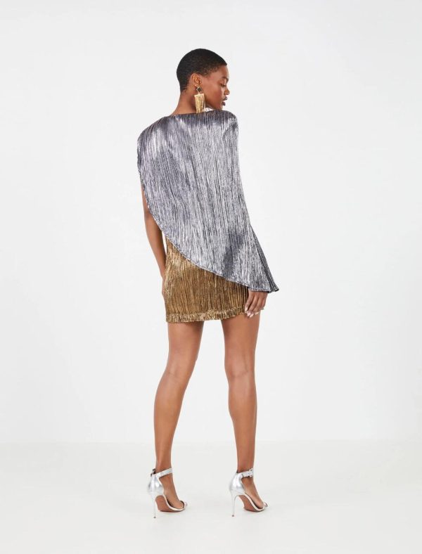 BCBG EMILIO METALLIC CAPE EVENING MINI DRESS - GOLD/SILVER - Image 4