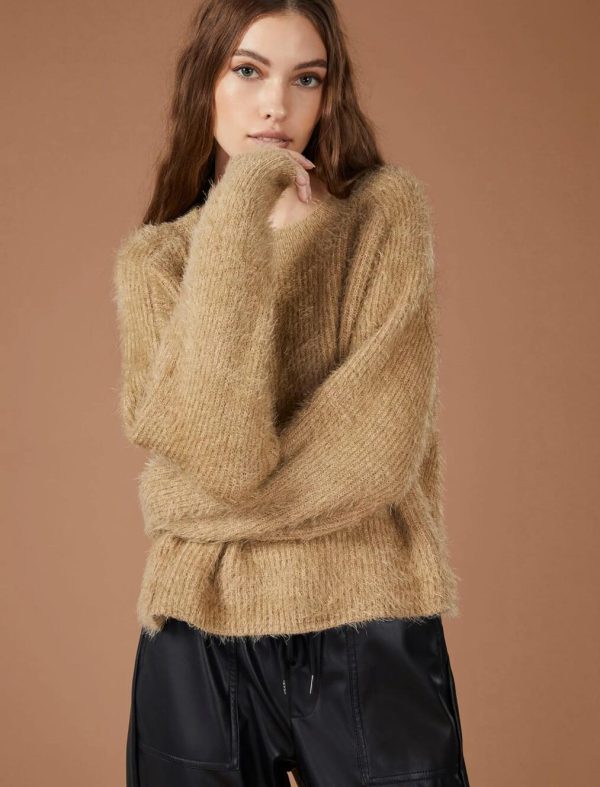 BCBG EYELASH KNIT PULLOVER SWEATER - TAN - Image 4