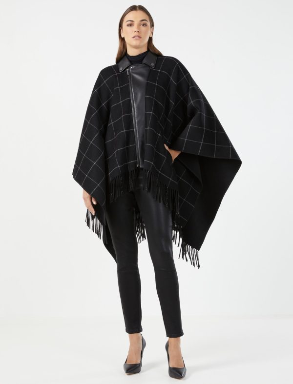 Bcbg Faux Leather Trim Fringed Cape