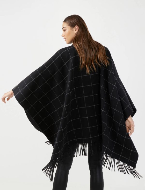 BCBG FAUX LEATHER TRIM FRINGED CAPE - BLACK PLAID / BLACK / PINSTRIPE - Image 3