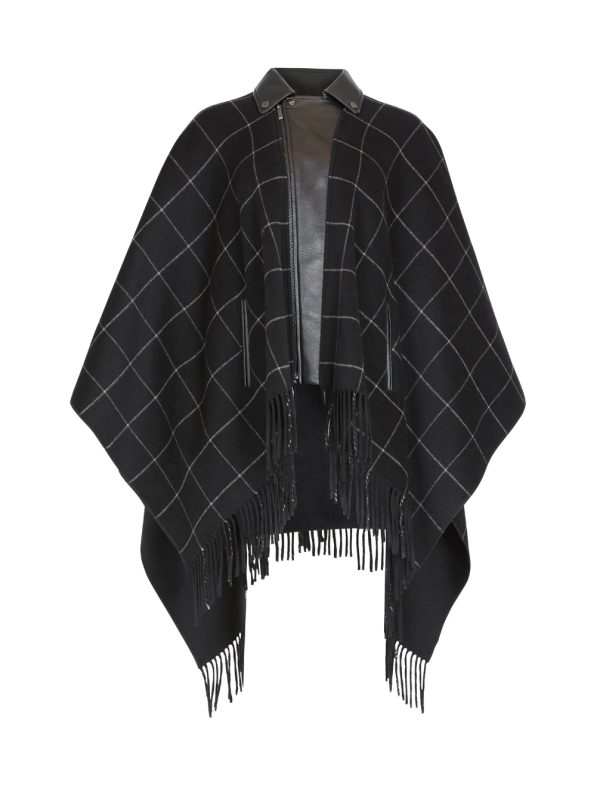 BCBG FAUX LEATHER TRIM FRINGED CAPE - BLACK PLAID / BLACK / PINSTRIPE - Image 4