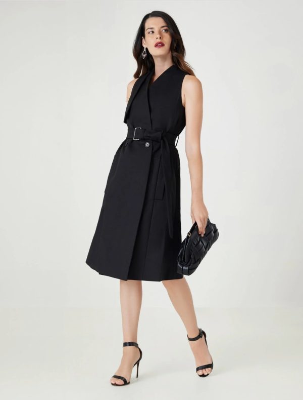 BCBG FLORENCE BELTED MIDI TRENCH DRESS - BLACK