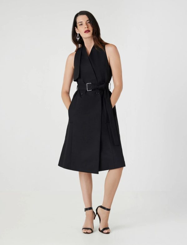 BCBG FLORENCE BELTED MIDI TRENCH DRESS - BLACK - Image 4