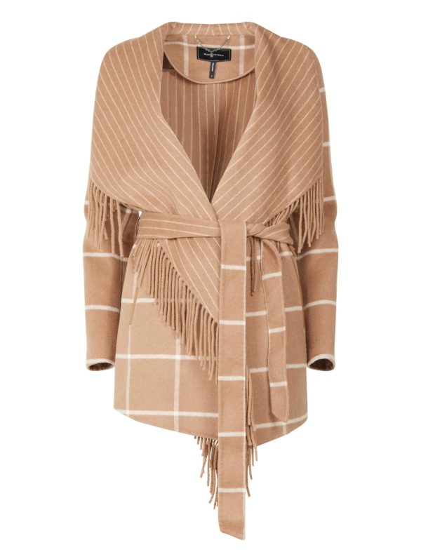 BCBG FRINGED OVERSIZED COLLAR WRAP COAT - CAMEL PLAID - Image 5