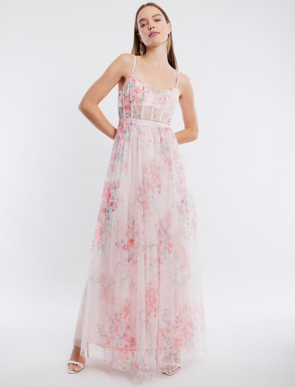 BCBG AMELIA FIT-AND-FLARE EVENING GOWN - APRICOT BLUSH COMBO