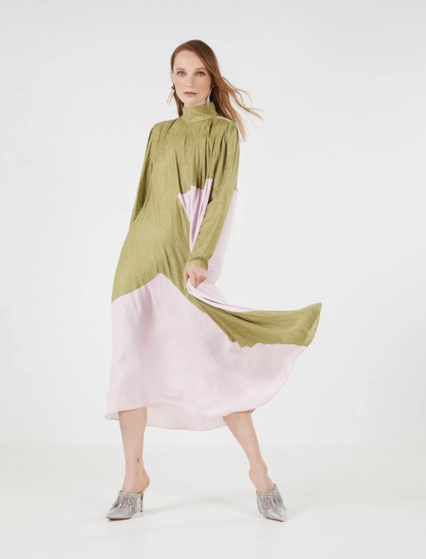 BCBG GUILIANA PLEATED DRESS - OLIVE DRAB/DAWN PINK