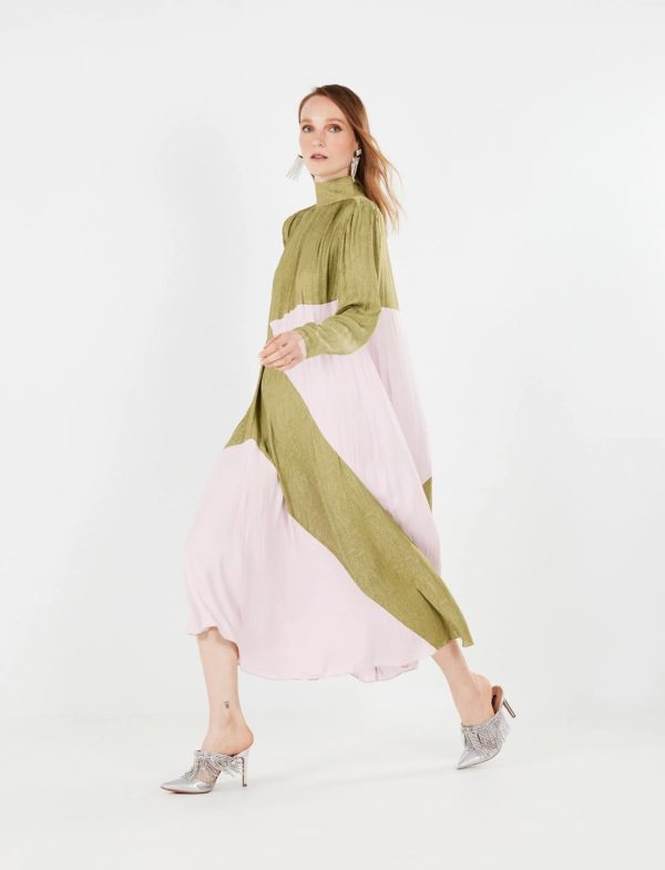 BCBG GUILIANA PLEATED DRESS - OLIVE DRAB/DAWN PINK - Image 3