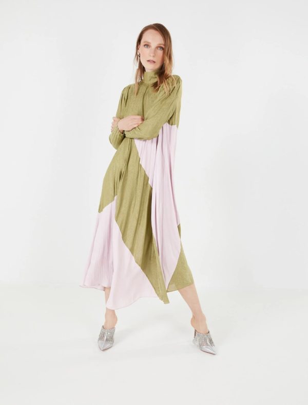 BCBG GUILIANA PLEATED DRESS - OLIVE DRAB/DAWN PINK - Image 4