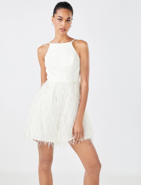 BCBG ILARA FEATHER MINI DRESS - OFF WHITE - Image 4