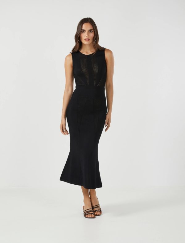 BCBG ISSA MESH PANEL MIDI DRESS - BLACK