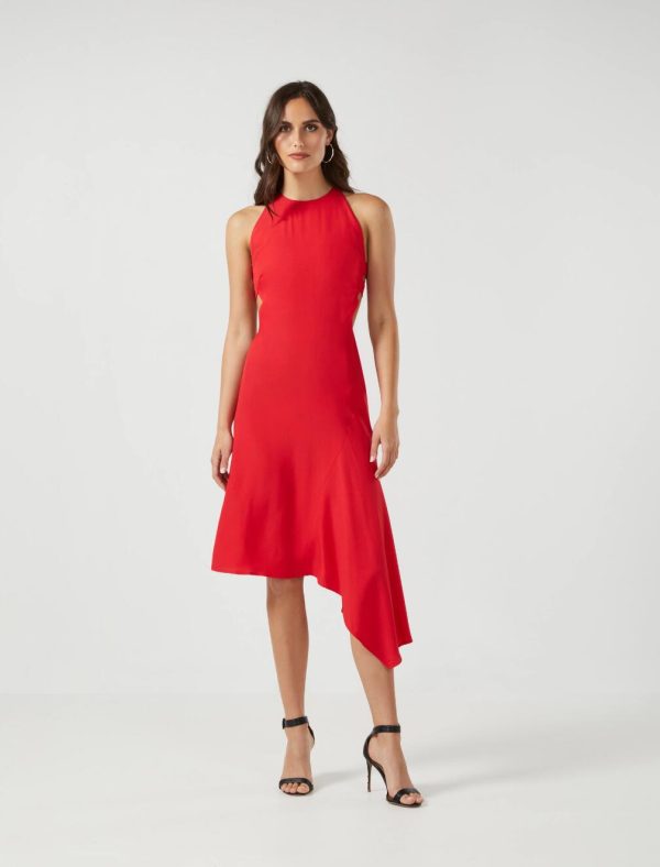 BCBG JOSEPHINE CUTOUT MIDI DRESS - RED