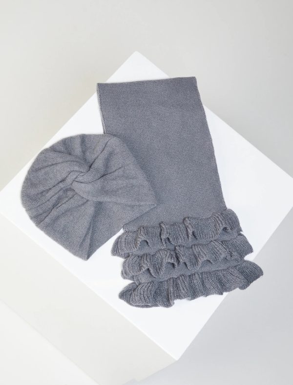 BCBG KNOTTED TURBAN & RUFFLE SCARF SET - ROSE SMOKE COMBO