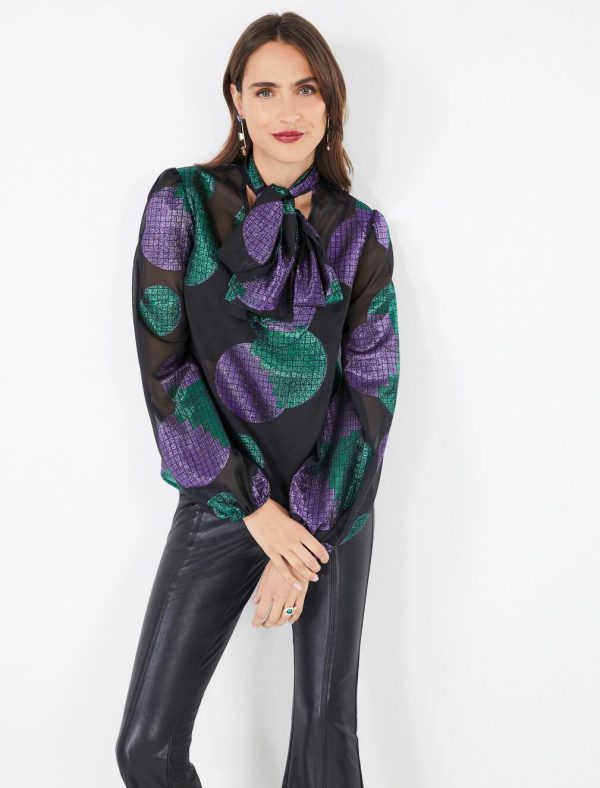 BCBG LEANDRA METALLIC PRINT BLOUSE - BLACK/VIOLET MULTI