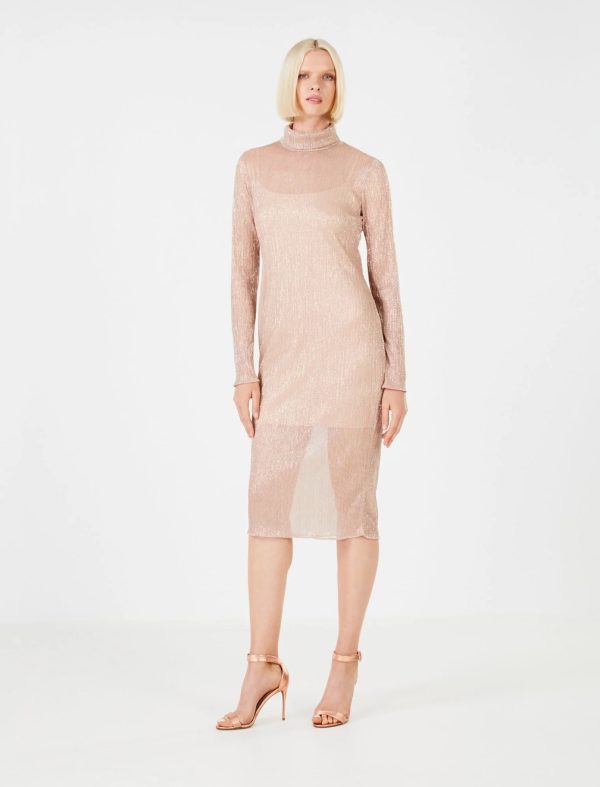 BCBG LEON MOCK NECK METALLIC DRESS - DUSTY ROSE