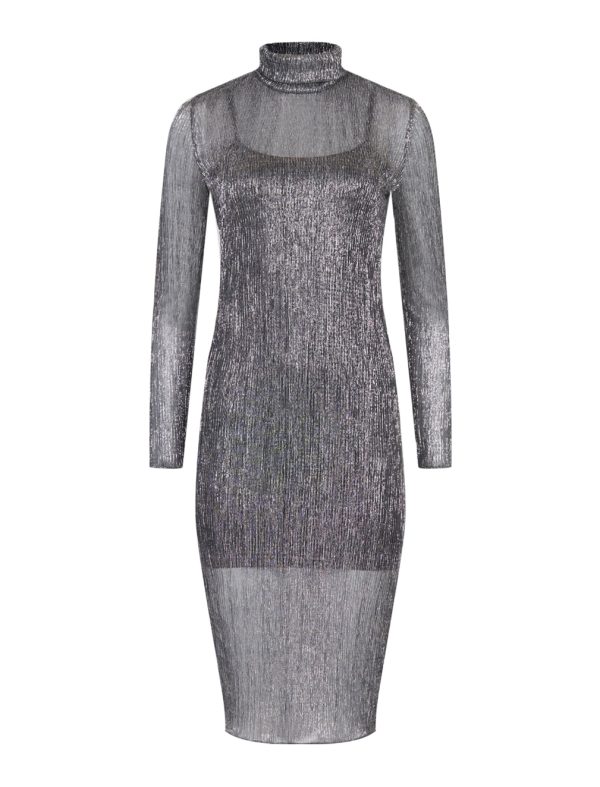 BCBG LEON MOCK NECK METALLIC DRESS - GUNMETAL - Image 5