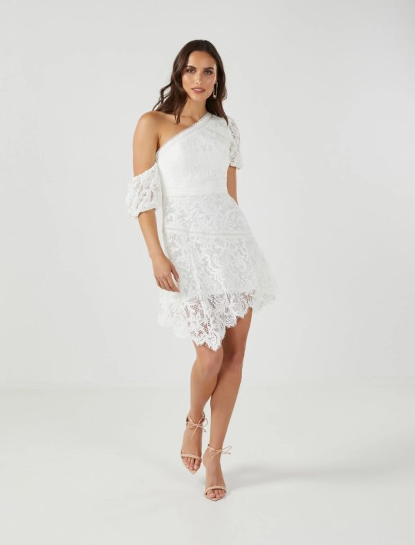 BCBG LOIS ONE-SHOULDER LACE DRESS - OFF WHITE