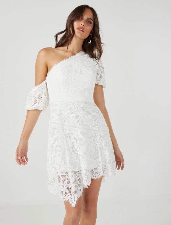 BCBG LOIS ONE-SHOULDER LACE DRESS - OFF WHITE - Image 3