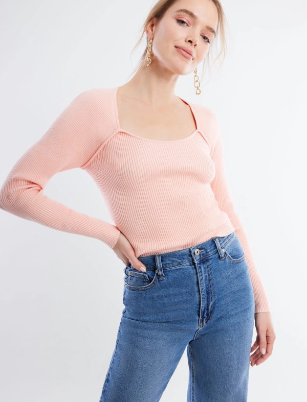 BCBG LONG SLEEVE CUTOUT RIBBED SWEATER - PEACH FIZZ