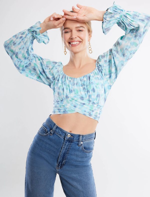 BCBG LONG SLEEVE TIE BACK CROP TOP - BLUE MULTI