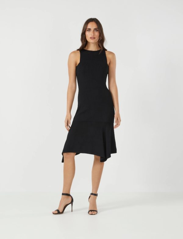 BCBG LUCIO MESH HALTER MIDI DRESS - BLACK