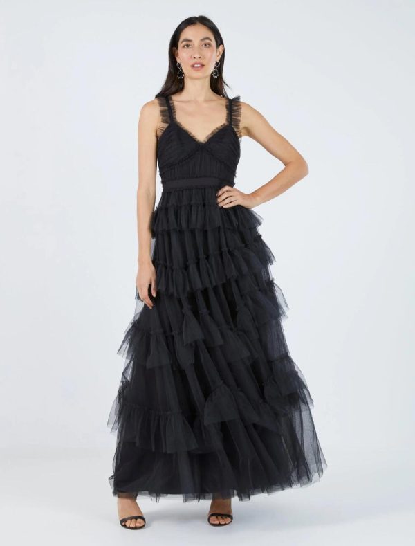 BCBG LUNA RUFFLED EVENING DRESS - BLACK