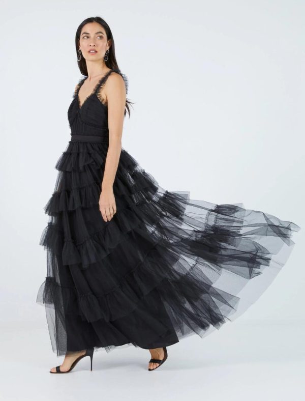 BCBG LUNA RUFFLED EVENING DRESS - BLACK - Image 2