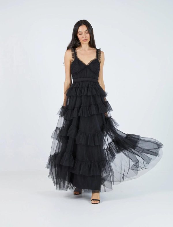 BCBG LUNA RUFFLED EVENING DRESS - BLACK - Image 5