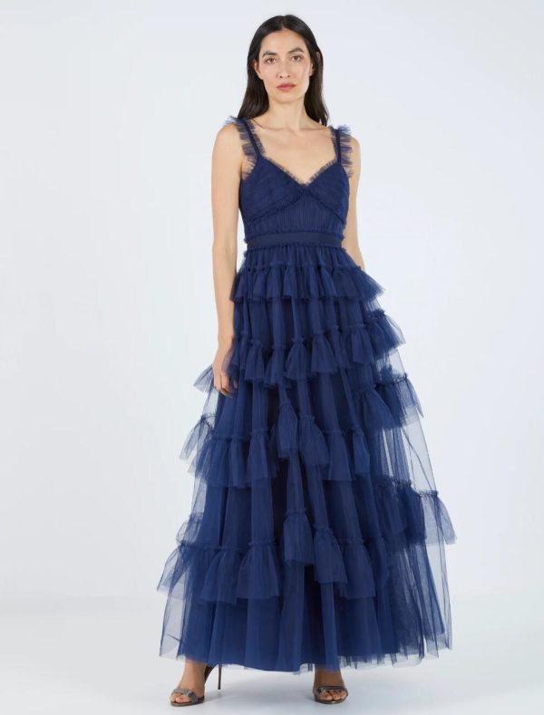 BCBG LUNA RUFFLED EVENING DRESS - DARK NAVY