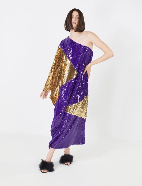 BCBG MARCELLO ONE SHOULDER SEQUIN EVENING DRESS - VIOLET/GOLD COMBO