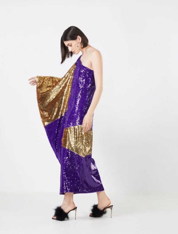 BCBG MARCELLO ONE SHOULDER SEQUIN EVENING DRESS - VIOLET/GOLD COMBO - Image 2