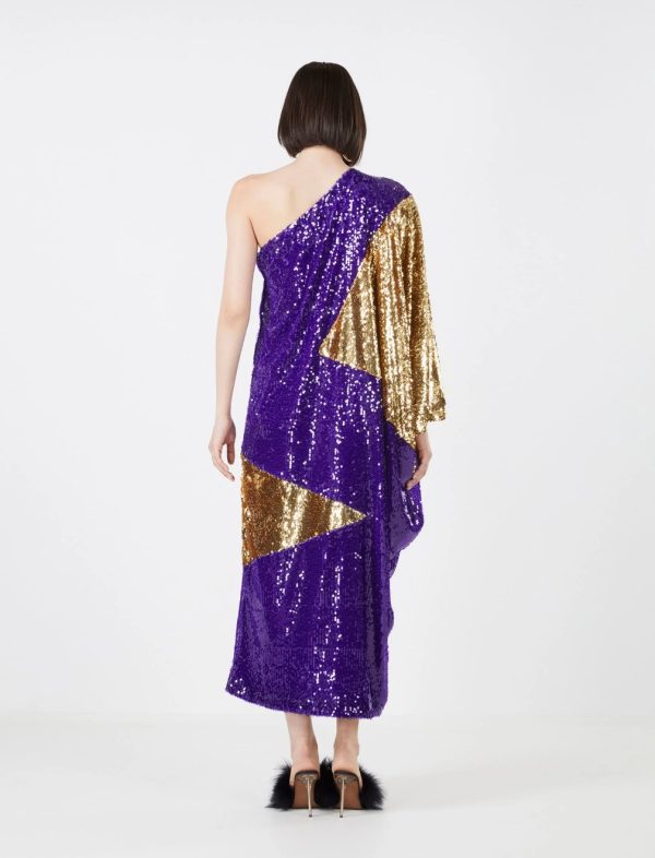 BCBG MARCELLO ONE SHOULDER SEQUIN EVENING DRESS - VIOLET/GOLD COMBO - Image 3