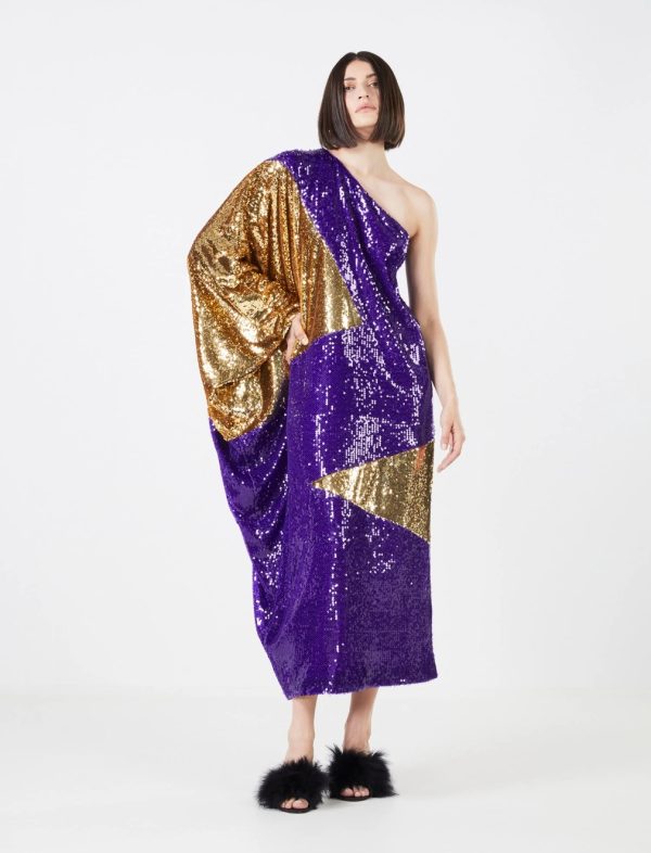 BCBG MARCELLO ONE SHOULDER SEQUIN EVENING DRESS - VIOLET/GOLD COMBO - Image 4