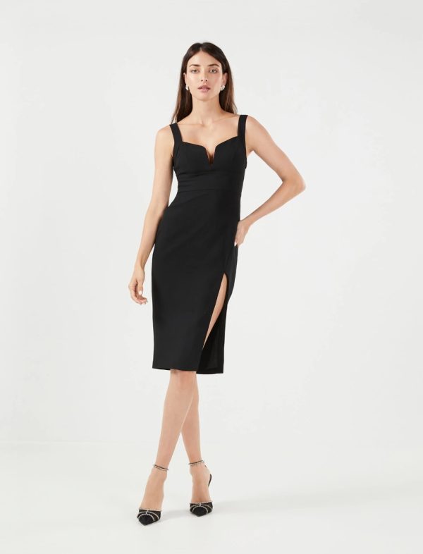 BCBG MARTA SPLIT-NECK MIDI DRESS - BLACK BEAUTY