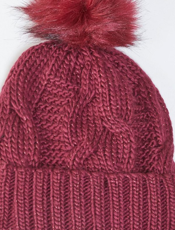 Bcbg Metallic Cable Knit Faux Fur Pom Beanie - Image 2