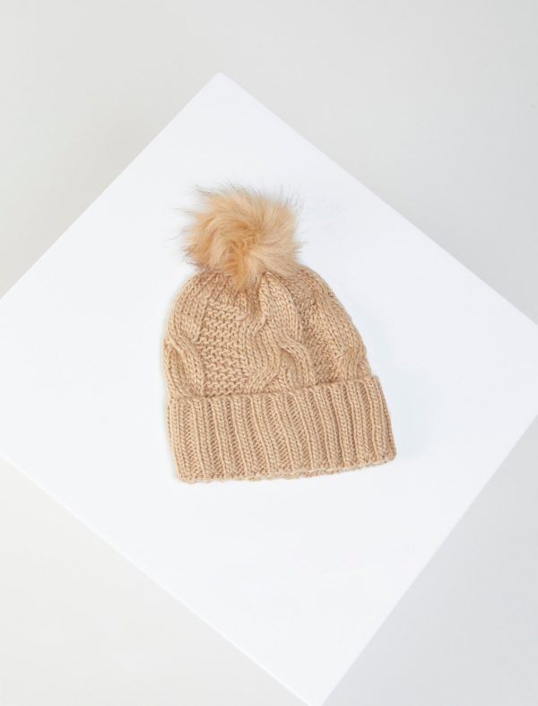 Bcbg Metallic Cable Knit Faux Fur Pom Beanie