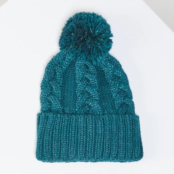 BCBG METALLIC CABLE KNIT TONAL POM BEANIE - BOTANICAL