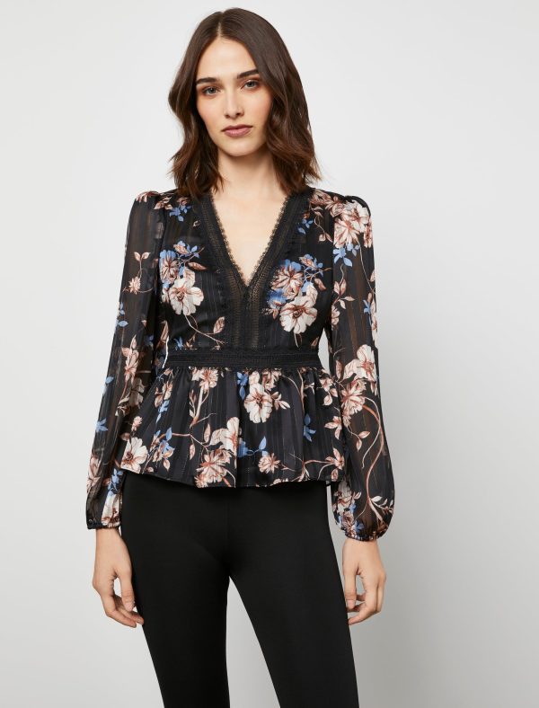 Bcbg Metallic Stripe Floral Peplum Top